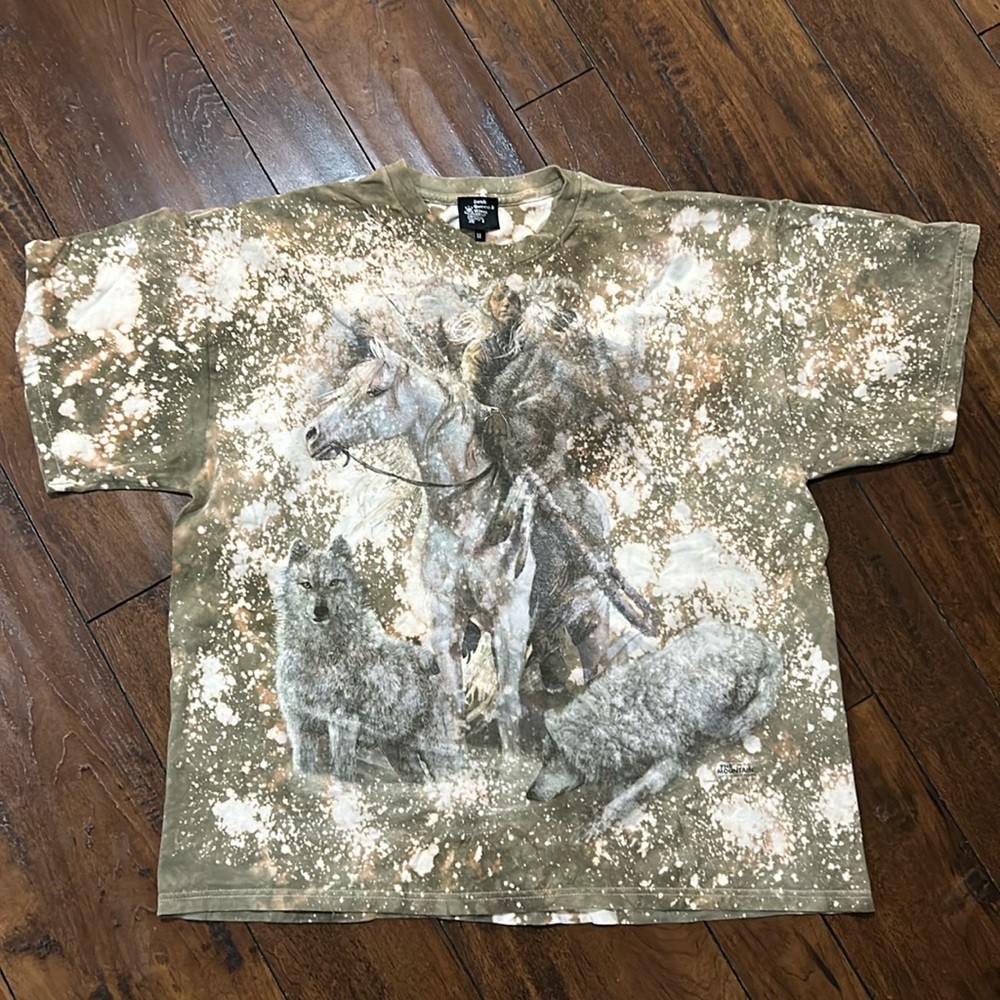 Vintage The Mountain Upcycled Bleached Thrashed Wolf & Horse T-Shirt Size XL
